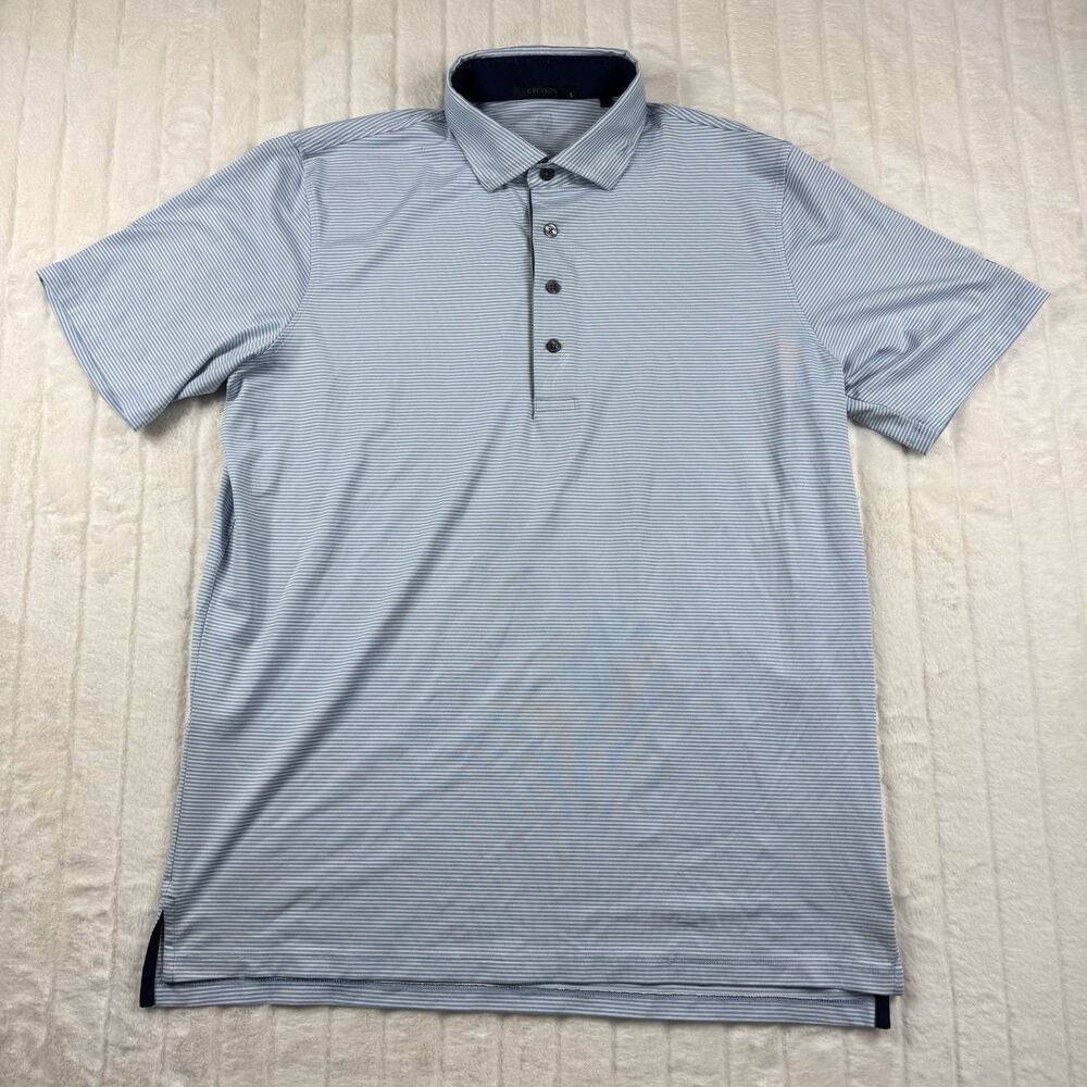 Greyson Golf Polo Shirt Men L White Blue Stripe Performance Stretch Sport Preppy